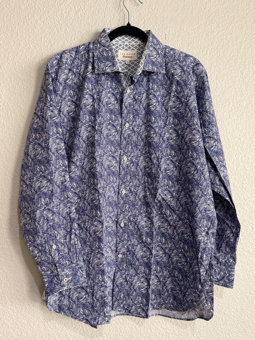 Ted Baker Men's Blue Leaf-Print Long-Sleeve Shirt 16.5 32/33